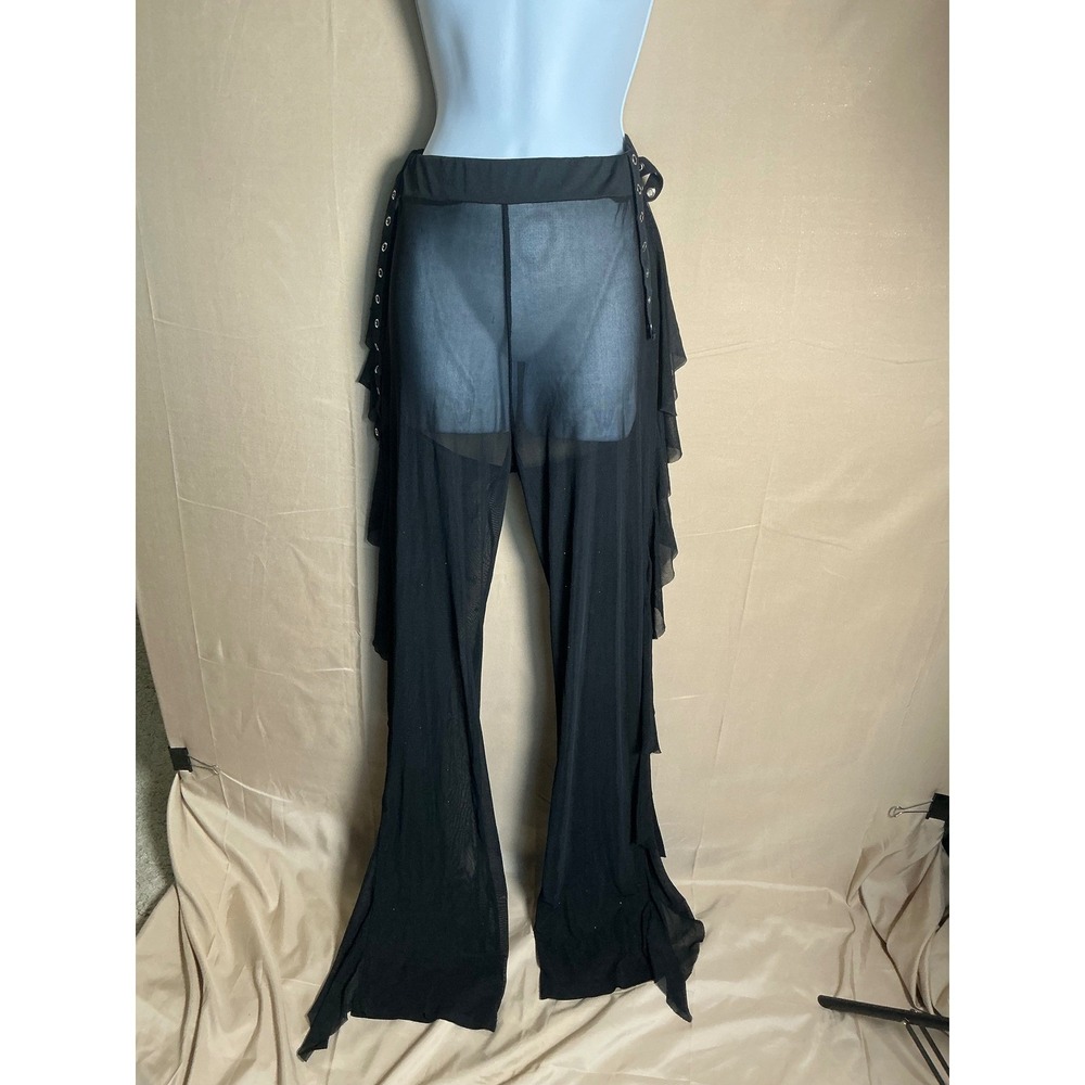 Black Sheer Mesh Pearl Embellished Ruffle Flare Pants Grommet‎ Detail Mens M